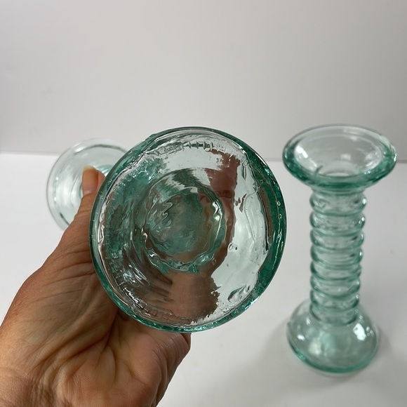 La Mediterranea Recycled Aqua Coloured Glass Candle Stick Holders Pair - Picture 5 of 12